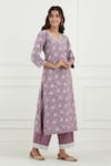 Tashee_Purple Cotton Printed Floral V Neck Kurta Set  _Online_at_Aza_Fashions