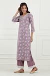 Shop_Tashee_Purple Cotton Printed Floral V Neck Kurta Set  _Online_at_Aza_Fashions