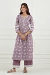 Tashee_Purple Cotton Printed Floral Notched Kurta Set  _Online_at_Aza_Fashions