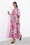 Corpora Studio_Pink Silk V Neck Bougainvillea Cloud Kaftan  _Online_at_Aza_Fashions