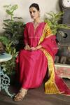 Falguni.Foram_Pink Kurta And Pants Viscose & Dupatta Organza And Zari Strip Gathered Set _Online_at_Aza_Fashions