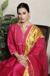 Falguni.Foram_Pink Kurta And Pants Viscose & Dupatta Organza And Zari Strip Gathered Set _at_Aza_Fashions