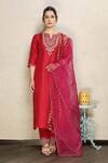 Buy_Falguni.Foram_Red Kurta And Pant Dupion Silk & Dupatta Zari Stripe Floral Embroidered Set _at_Aza_Fashions