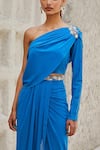 Shop_Kaaisha by Shalini_Blue Georgette Embroidered Zardozi Work One Shoulder Draped Top And Pant Set_at_Aza_Fashions