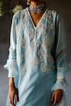 Shikha Mehta Blue Silk Chanderi Floral, Mirrorwork V Neck Anisha Kurta Set Online at Aza Fashions Shikha Mehta_Blue Silk Chanderi Floral, Mirrorwork V Neck Anisha Kurta Set _Online_at_Aza_Fashions