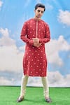 Buy_Tisa - Men_Red Silk Viscose Blend Embroidered Floral Kurta Set _at_Aza_Fashions