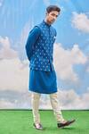 Tisa - Men_Blue Silk Viscose Blend Woven Leaf Bundi And Kurta Set _Online_at_Aza_Fashions