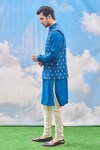 Buy_Tisa - Men_Blue Silk Viscose Blend Woven Leaf Bundi And Kurta Set _Online_at_Aza_Fashions