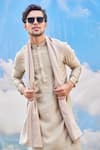 Shop_Tisa - Men_Beige Silk Viscose Blend Embroidered Mandarin Collar Kurta Set  _at_Aza_Fashions