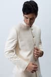 KAKA CALCUTTA_White Suiting Fabric Embroidery Thread And Mandarin Collar Bandhgala & Trouser Set _Online_at_Aza_Fashions