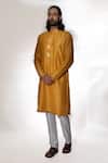 Buy_Kaka Calcutta_Yellow Bam And Cotton Applique Work Full Sleeves Kurta & Pant Set _at_Aza_Fashions