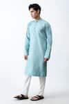 Buy_Kaka Calcutta_Blue Satin And Silk Thread Placement Embroidered Kurta & Pant Set _at_Aza_Fashions