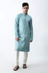 Shop_Kaka Calcutta_Blue Satin And Silk Thread Placement Embroidered Kurta & Pant Set _at_Aza_Fashions