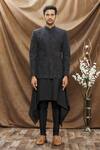 Shop_Vivek Karunakaran_Black Poly Raw Silk Floral Embroidered Bandhgala_Online_at_Aza_Fashions