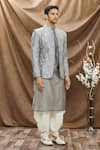 Vivek Karunakaran_Grey Poly Raw Silk Embroidered Thread Work Floral Bandhgala  _Online_at_Aza_Fashions