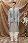 Shop_Vivek Karunakaran_Grey Poly Raw Silk Embroidered Thread Work Floral Bandhgala  _Online_at_Aza_Fashions