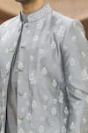 Vivek Karunakaran_Grey Poly Raw Silk Embroidered Thread Work Floral Bandhgala  _at_Aza_Fashions