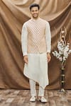 Buy_Vivek Karunakaran_Beige Poly Raw Silk Embroidered Thread Work Floral Bundi  _Online_at_Aza_Fashions