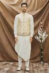 Shop_Vivek Karunakaran_Beige Poly Raw Silk Embroidered Thread Work Floral Bundi  _Online_at_Aza_Fashions