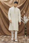 Buy_Vivek Karunakaran_White Raw Silk Embroidered Thread Work Floral Kurta  _Online_at_Aza_Fashions