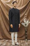 Vivek Karunakaran_Black Poly Raw Silk Jaal Embroidered Sherwani Set_Online_at_Aza_Fashions