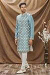 Buy_Vivek Karunakaran_Blue Raw Silk Embroidered Thread Work Floral Sherwani Set  _at_Aza_Fashions