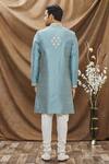 Shop_Vivek Karunakaran_Blue Raw Silk Embroidered Thread Work Floral Sherwani Set  _at_Aza_Fashions