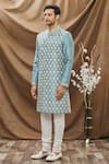 Shop_Vivek Karunakaran_Blue Raw Silk Embroidered Thread Work Floral Sherwani Set  _Online_at_Aza_Fashions