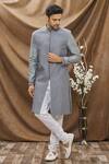 Buy_Vivek Karunakaran_Grey Poly Raw Silk Embroidered Thread Work Sherwani Set  _at_Aza_Fashions