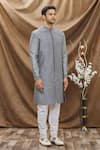 Vivek Karunakaran_Grey Poly Raw Silk Embroidered Thread Work Sherwani Set  _Online_at_Aza_Fashions