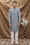 Buy_Vivek Karunakaran_Grey Poly Raw Silk Embroidered Thread Work Sherwani Set  _Online_at_Aza_Fashions