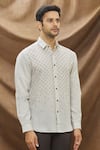 Vivek Karunakaran_Beige Linen Embroidered Thread Work Star Shirt  _Online_at_Aza_Fashions