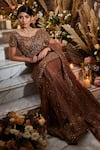 Buy_SurabhiChopraLabel_Orange Tulle Embroidery Cutdana And Dabka Leaf Neck Saree With Blouse  _at_Aza_Fashions