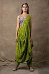 Buy_Nupur Kanoi_Green Crepe Embroidery And Print Pre-draped Dhoti Saree With Blouse  _at_Aza_Fashions