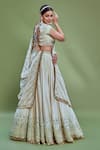 Abhinav Mishra_White Blouse Satin Glace Embroidery Mirror V Neck Chanderi Bridal Lehenga Set _Online_at_Aza_Fashions