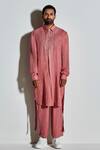 Buy_Line out line_Pink Cotton Linen Pitta Embroidered Kurta Set_at_Aza_Fashions