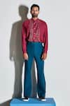 Buy_Line out line_Blue Cotton Linen Bell Bottoms  _at_Aza_Fashions