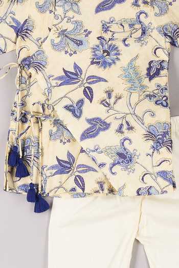 P & S CO_White Silk Printed Kurta Set _Online_at_Aza_Fashions