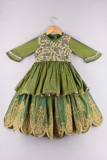 Buy_P & S CO_Green Tissue Zari, Sequins, Embroidery Kurta And Lehenga Set _at_Aza_Fashions