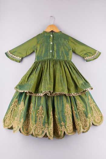 Shop_P & S CO_Green Tissue Zari, Sequins, Embroidery Kurta And Lehenga Set _at_Aza_Fashions