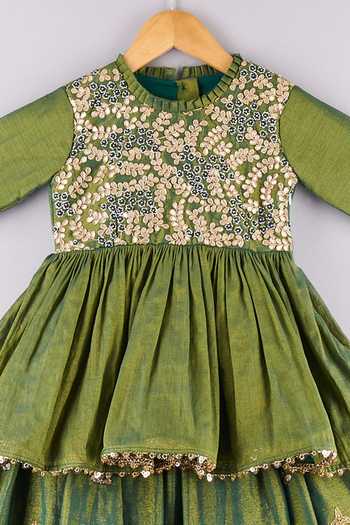 P & S CO_Green Tissue Zari, Sequins, Embroidery Kurta And Lehenga Set _Online_at_Aza_Fashions