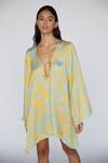 Deme By Gabriella_Yellow Satin Floral Print V Neck Dress_Online_at_Aza_Fashions