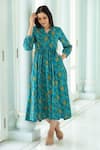 Buy_Rivaaj Clothing_Blue Cotton Printed Hand Block Stand Collar Dress For Women_at_Aza_Fashions