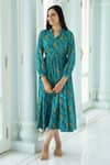 Shop_Rivaaj Clothing_Blue Cotton Printed Hand Block Stand Collar Dress For Women_at_Aza_Fashions
