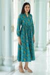 Rivaaj Clothing_Blue Cotton Printed Hand Block Stand Collar Dress For Women_Online_at_Aza_Fashions