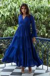 Shop_Rivaaj Clothing_Blue Rayon Cotton Solid V Neck Tiered Pleated Dress _Online_at_Aza_Fashions
