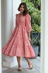 Buy_Rivaaj Clothing_Peach Cotton Printed Hand Block V Neck Tiered Dress _at_Aza_Fashions