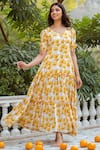 Rivaaj Clothing_Yellow Cotton Sunflower Print Dress _Online_at_Aza_Fashions