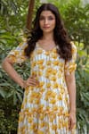 Rivaaj Clothing_Yellow Cotton Sunflower Print Dress _at_Aza_Fashions