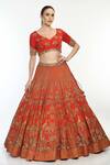 Moledro_Red Modal Satin, Butterfly Net Bird Layla Surkh Printed Bridal Lehenga Set _Online_at_Aza_Fashions